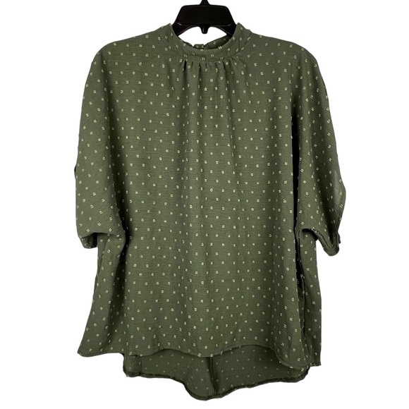 Army Green High Neck Blouse Size Large Dobby Dot 3/4 Sleeve Boho Top - Picture 2 of 7